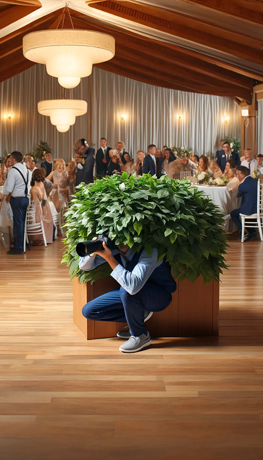 L'Art de l'Invisibilité : Le Photographe de Mariage en Action Photographe de mariage camouflé derrière une grande plante verte pour capturer des moments naturels sans être remarqué.
