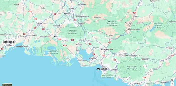 Carte du Sud-Est de la France montrant Aix-en-Provence, Marseille, Toulon, Avignon, Salon-de-Provence, Arles, Nice, et les principaux axes routiers.