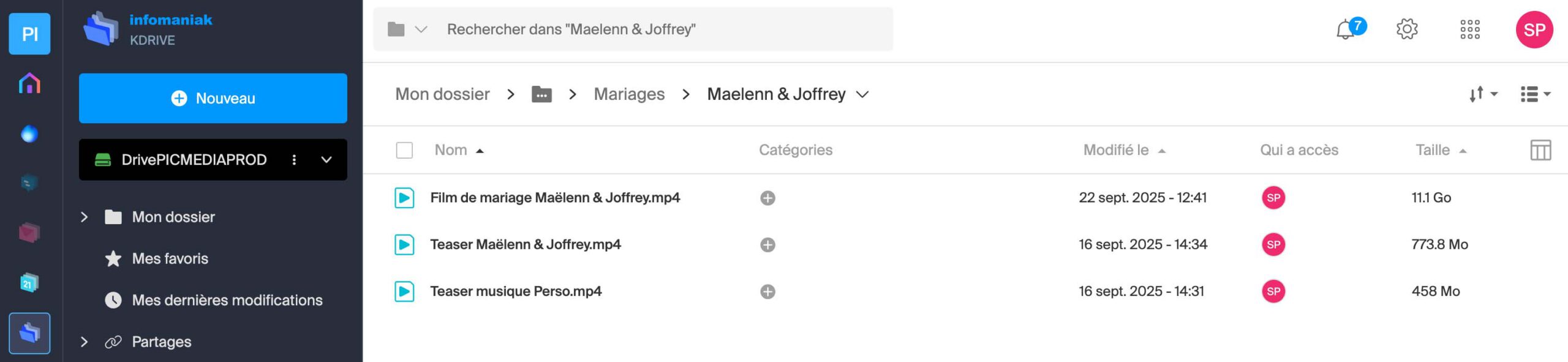 Capture d’écran du dossier client contenant le film complet et les deux teasers du mariage de Maëlenn et Joffrey