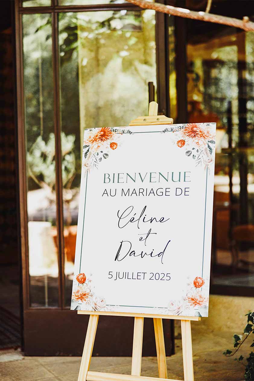 Panneau de bienvenue au mariage de Céline et David Panneau de bienvenue posé sur un chevalet à l’entrée du mariage de Céline et David
