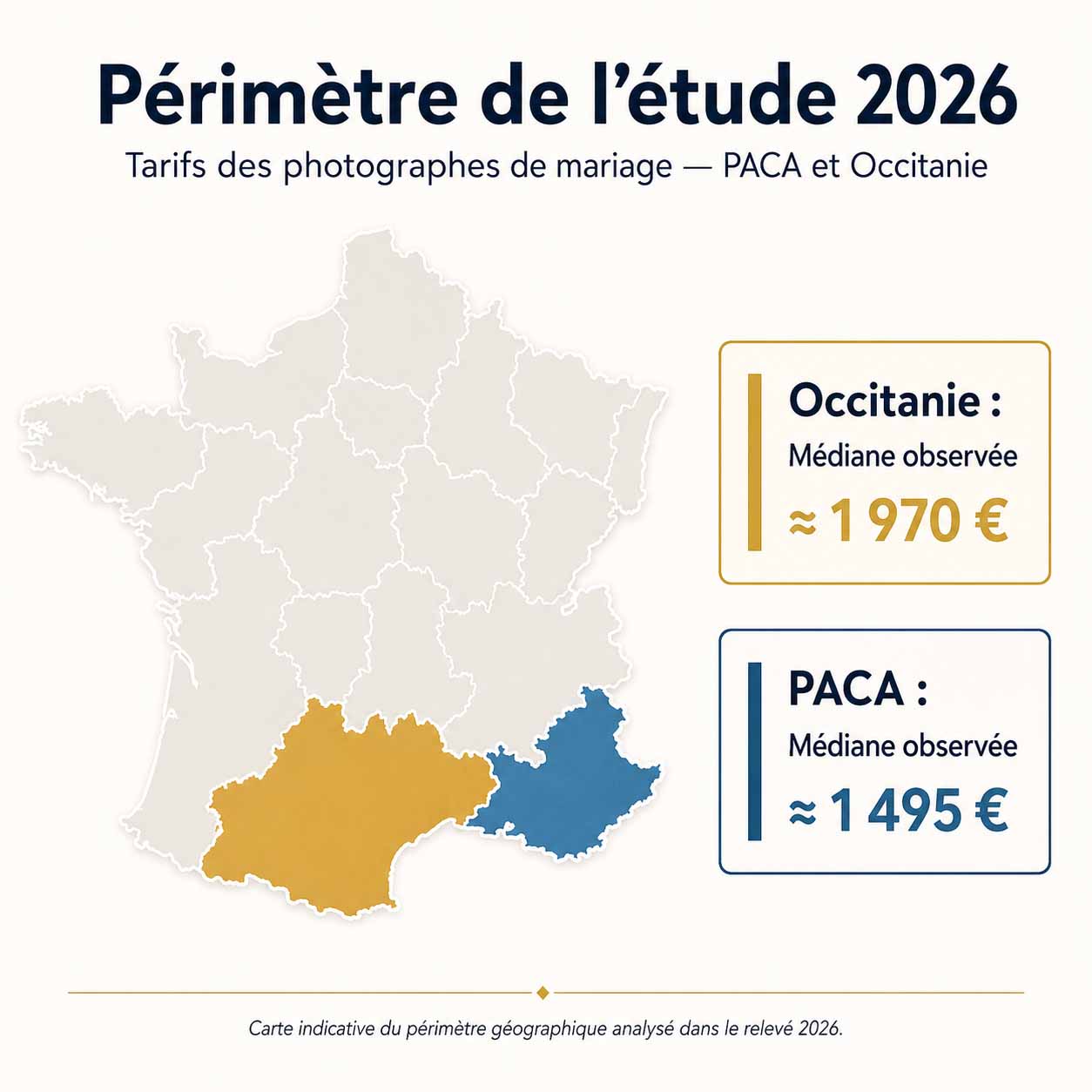 Carte stylisée de la France mettant en avant la PACA et l’Occitanie pour l’étude des tarifs de photographes de mariage 2026