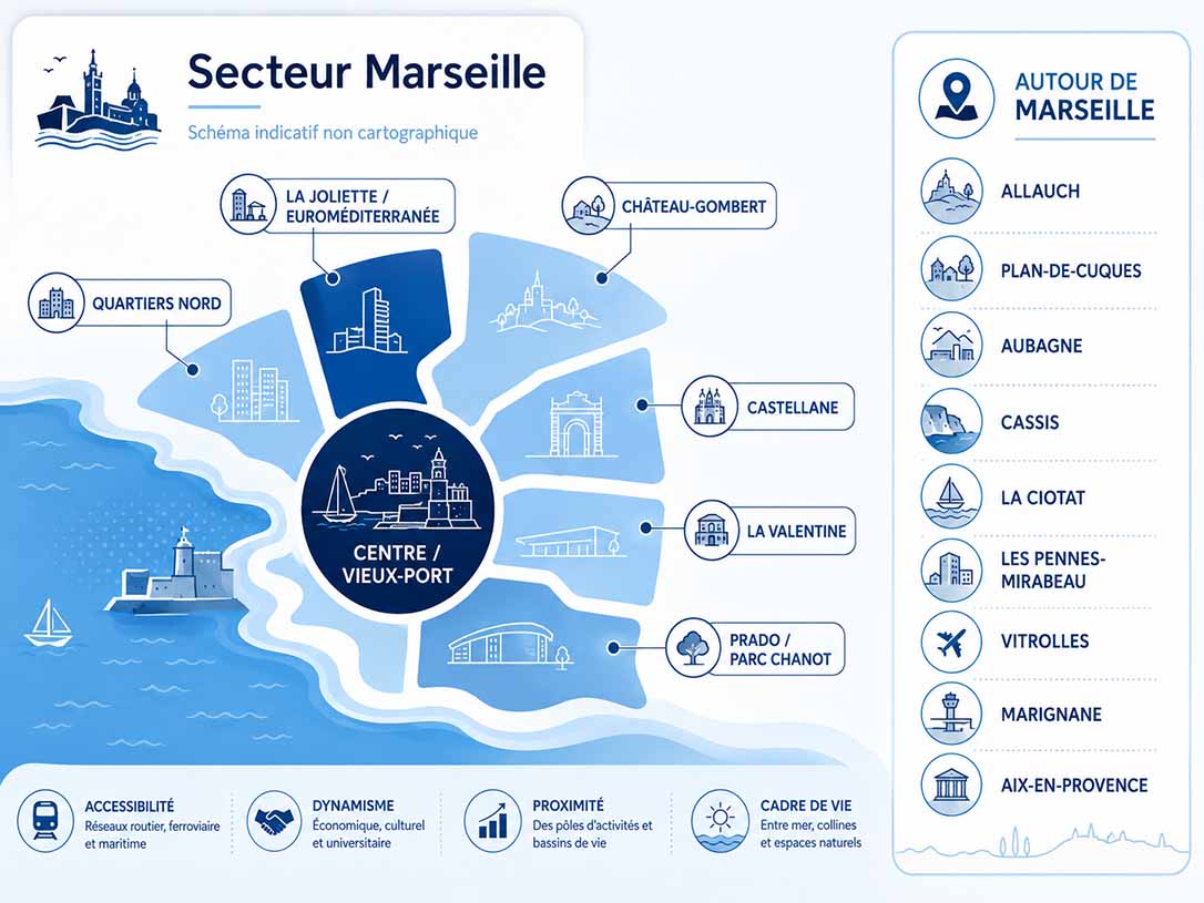 Schéma indicatif non cartographique du secteur marseillais et des communes proches